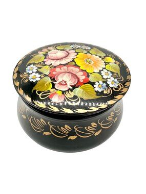 Handmade Ukrainian Wooden Trinket Box Floral Design Black w Multicolor Accents